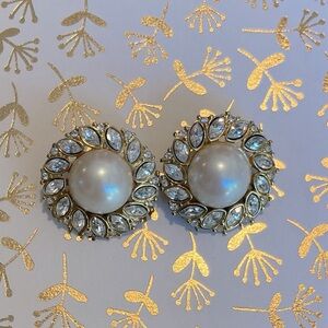 Vintage Monet pearl and rhinestone gold clip earrings